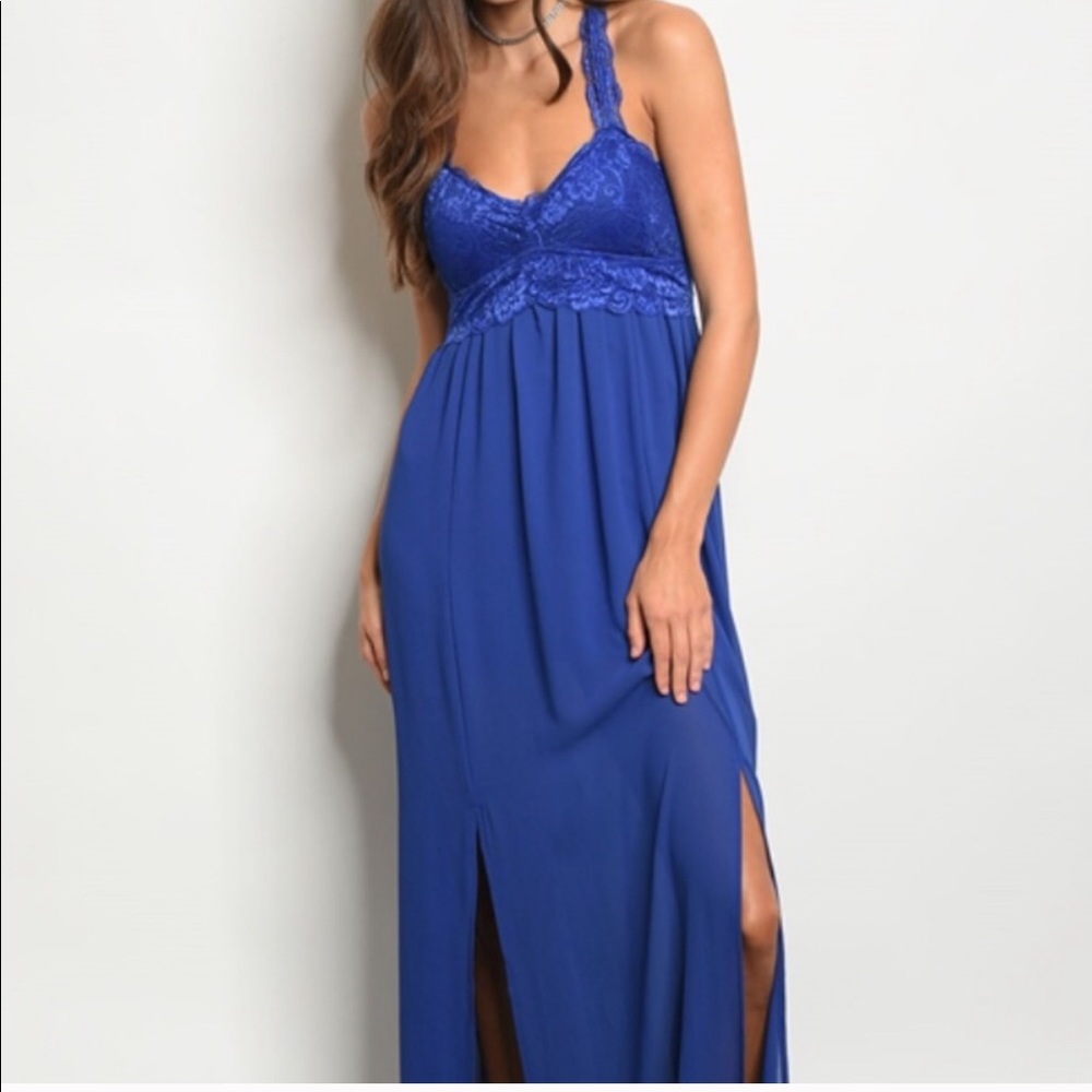 Royal Blue Maxi Dress with Lace Bodice - Picture 2 of 4